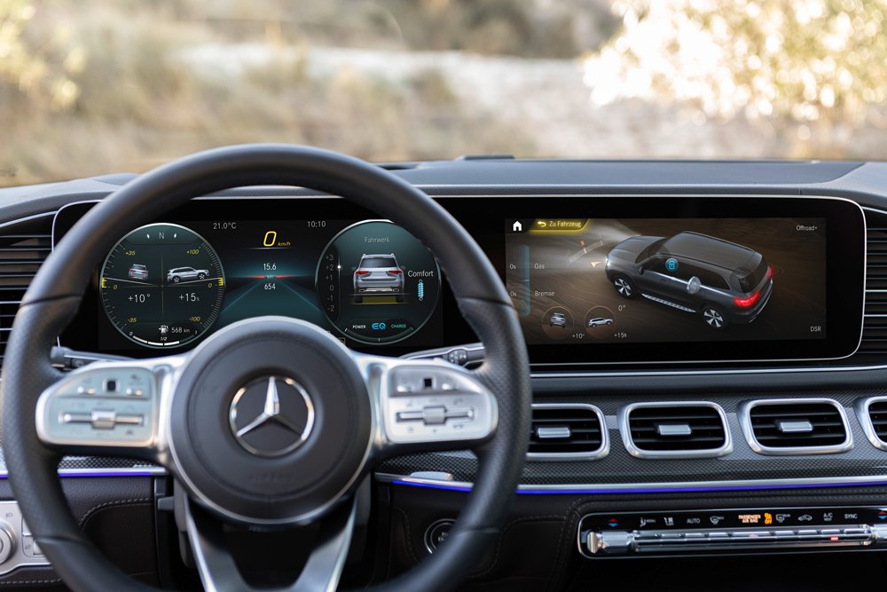 The interior features dual widescreen displays and the new MBUX interface.
