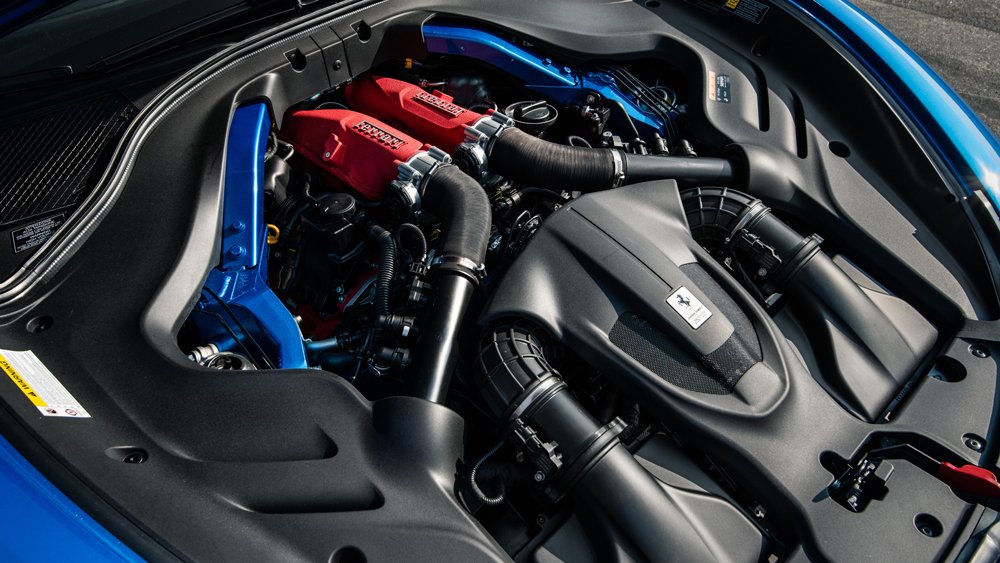 The V-8 engine in the Ferrari Roma.