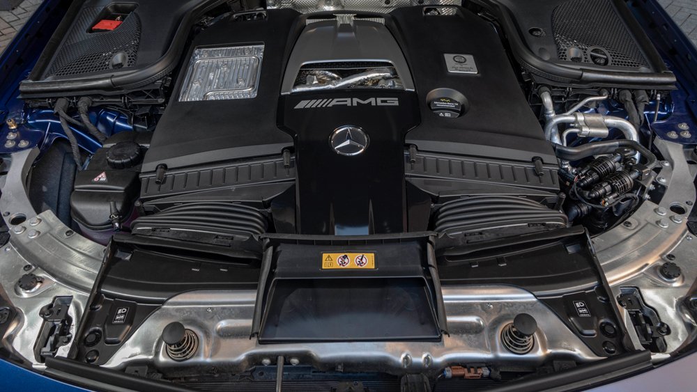 The engine of the Mercedes-AMG E 63 S Wagon.