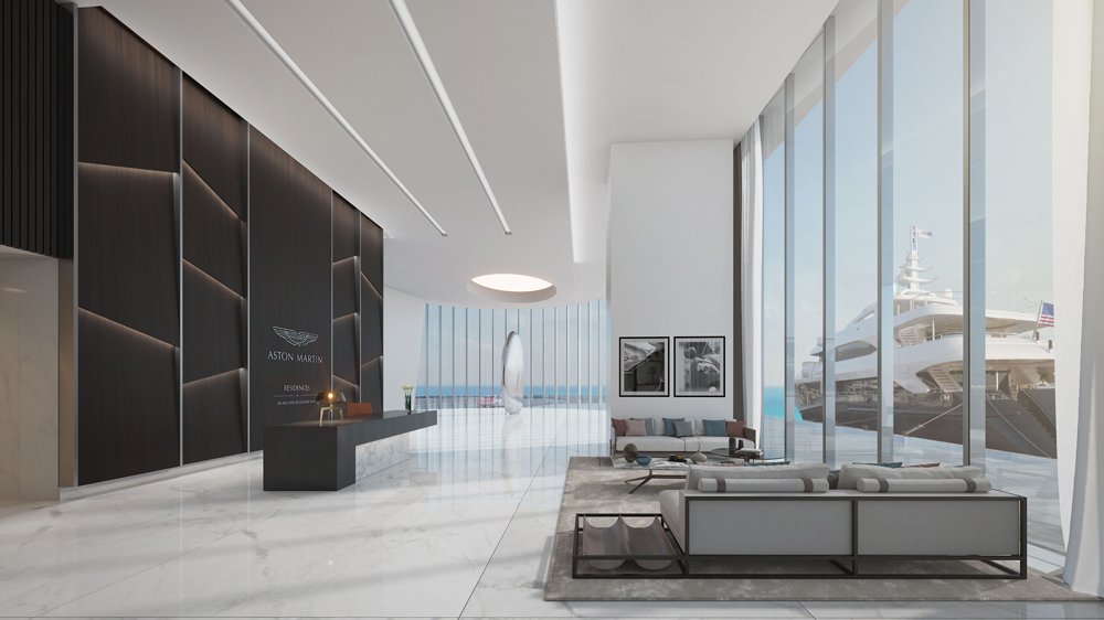 A rendering of the ground-floor lobby of the Aston Martin Residences in Miami.