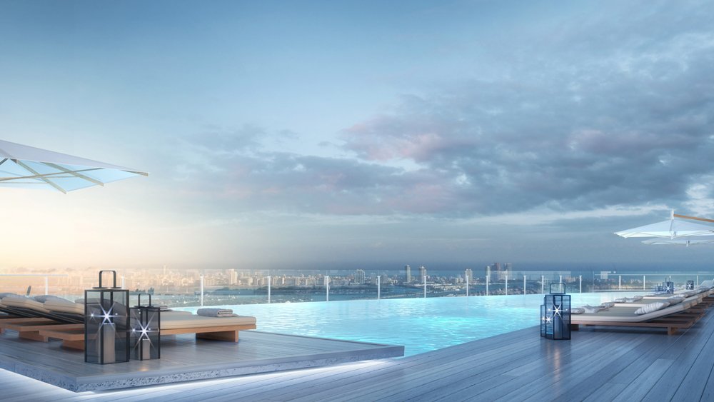 A bird's-eye perspective of Miami from the pool deck of the Aston Martin Residences tower.