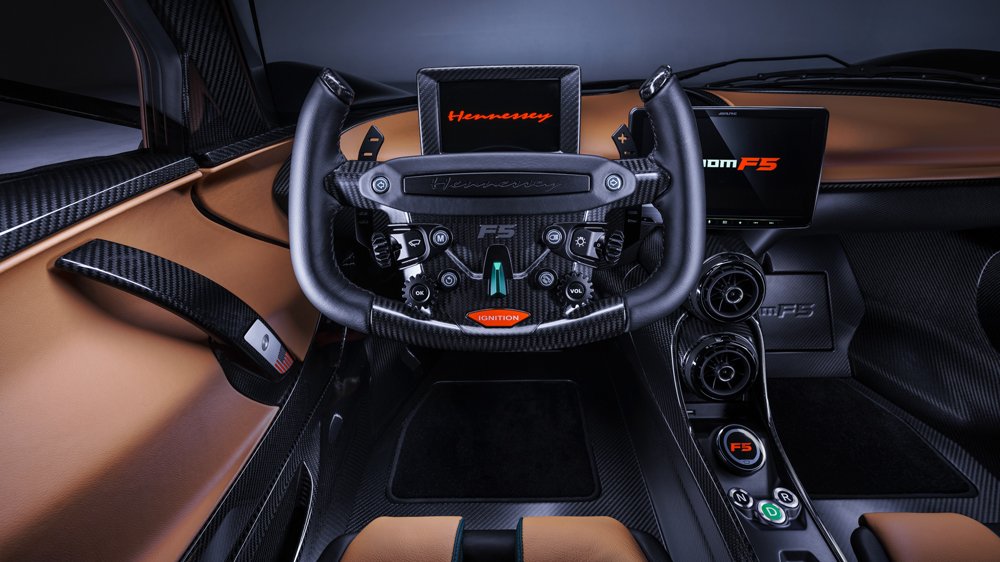 The steering wheel and cockpit of the production version of Hennessey's Venom F5 hypercar.
