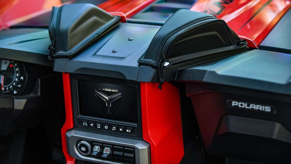 An interior detail of a 2021 Polaris Slingshot.