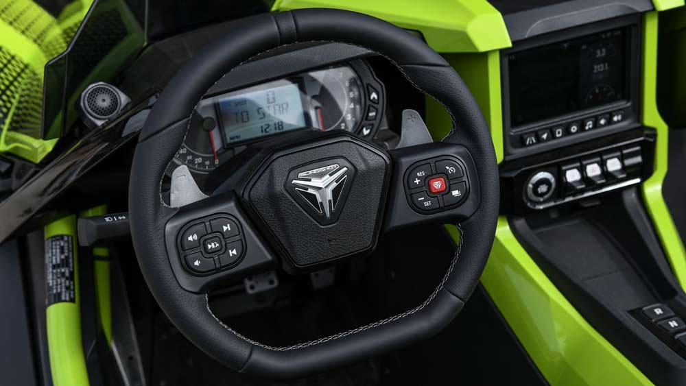 The interior of a 2021 Polaris Slingshot.