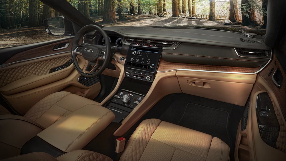 The all-new 2021 Jeep® Grand Cherokee L Summit Reserve model’s spacious interior features standard 10-inch display screens, including a frameless digital gauge cluster and 10.1-inch Uconnect 5 touchscreen radio, hand-wrapped, quilted Palermo leather and open-pore Waxed Walnut wood accents, all-new LED lighting with ambient features, driver and front passenger seat massage and personalized climate zones.
