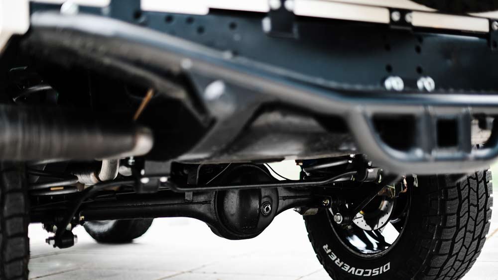 A detail of the restomod 1993 Land Rover Defender from Osprey Custom Cars.