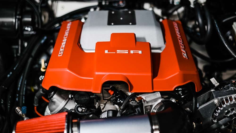 The 600 hp, supercharged LSA V-8 engine inside one of Osprey's recent Defender 110 makeovers.