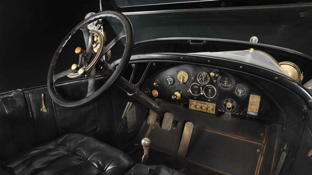 The interior of a 1923 Locomobile Model 48 Series 8 Sportif that's in the Brumos Collection car museum.
