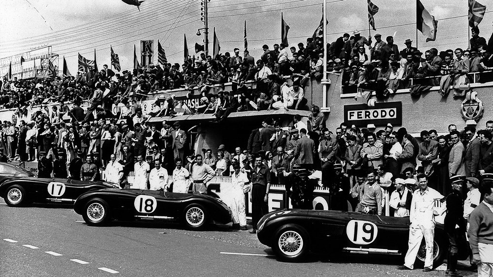Jaguar's works C-type racing team before the start of the 24 Hours of Le Mans in 1953.
