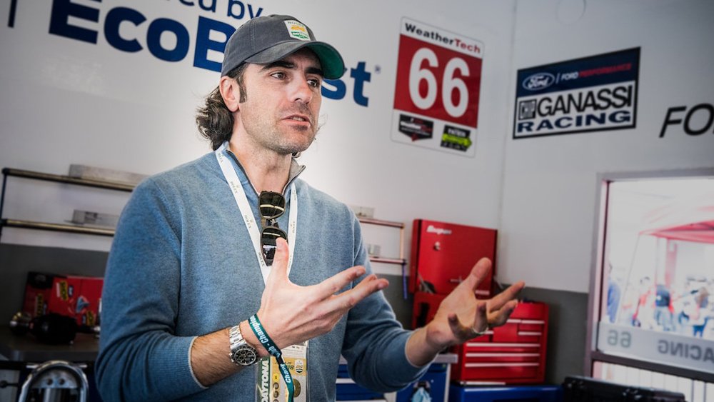 Dario Franchitti in the Chip Ganassi Team's garage prior to the 2018 Rolex 24 at Daytona.