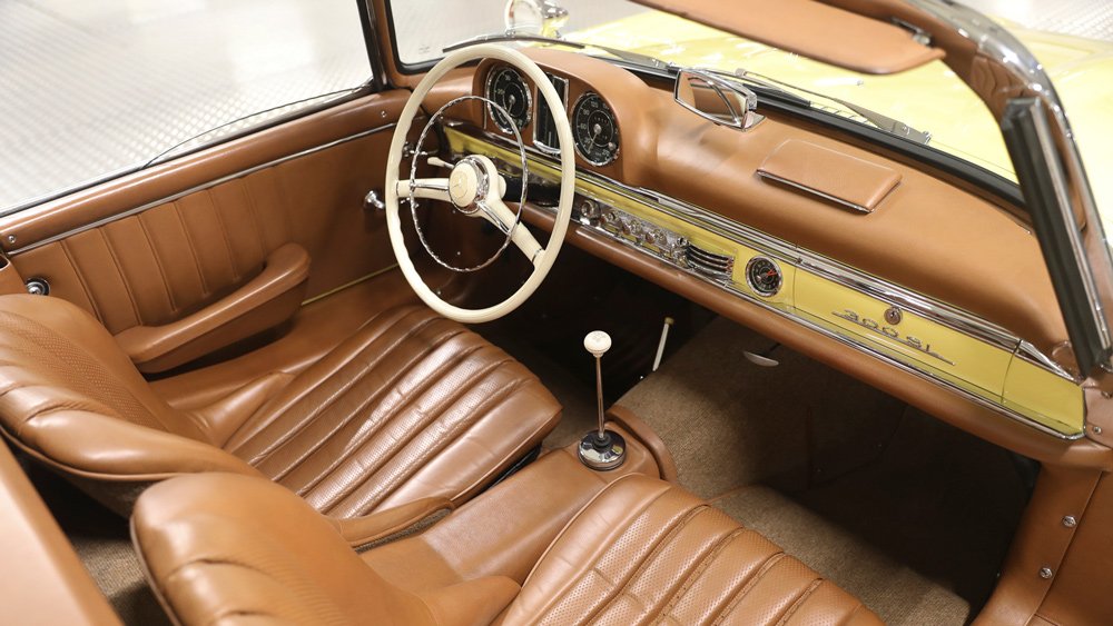The interior of a 1963 Mercedes-Benz 300 SL Roadster.