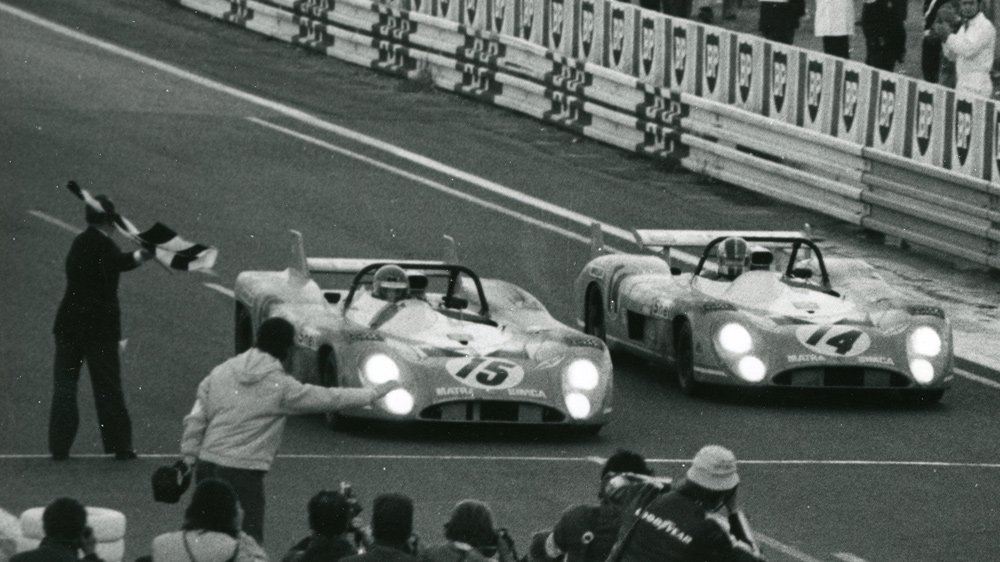 A pair of Matra race cars cross the finish line together at Le Mans on June 11, 1972.