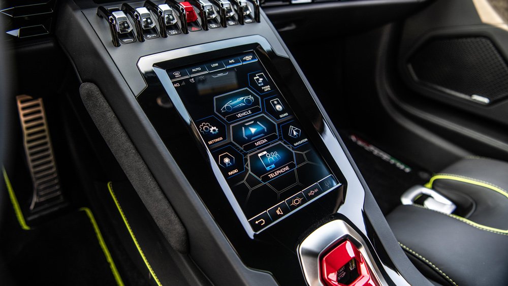 The HMI infotainment system inside the Lamborghini Huracán Evo RWD Spyder.