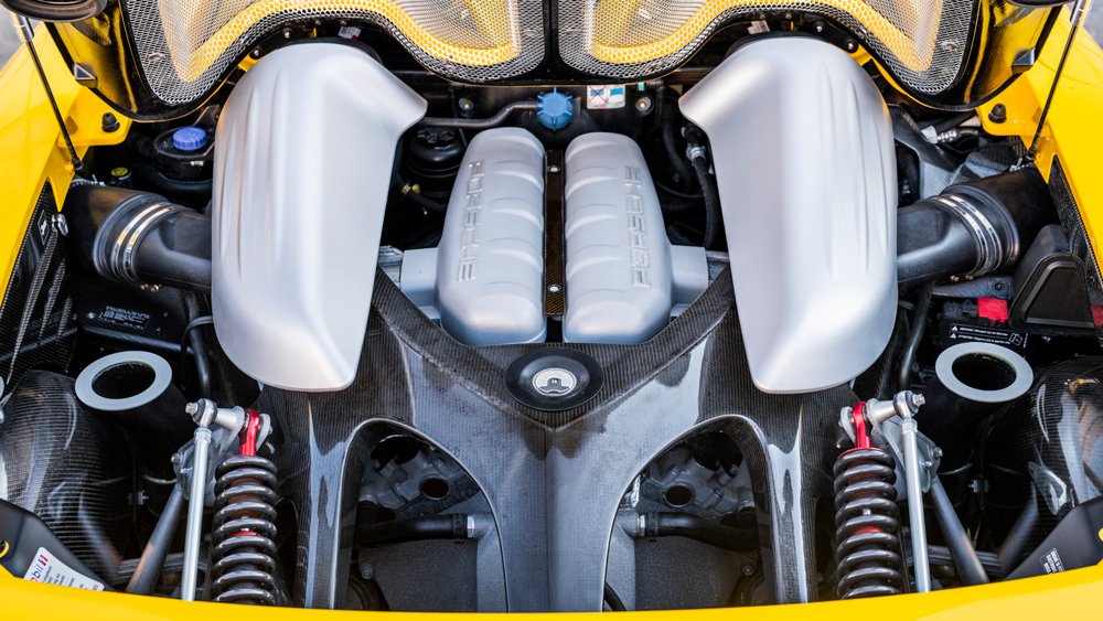 The 5.7-liter V-10 engine inside a 2004 Porsche Carrera GT.