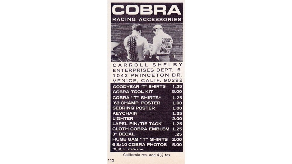 A 1960s-era advertisement for Carroll Shelby's Cobra racing apparel.