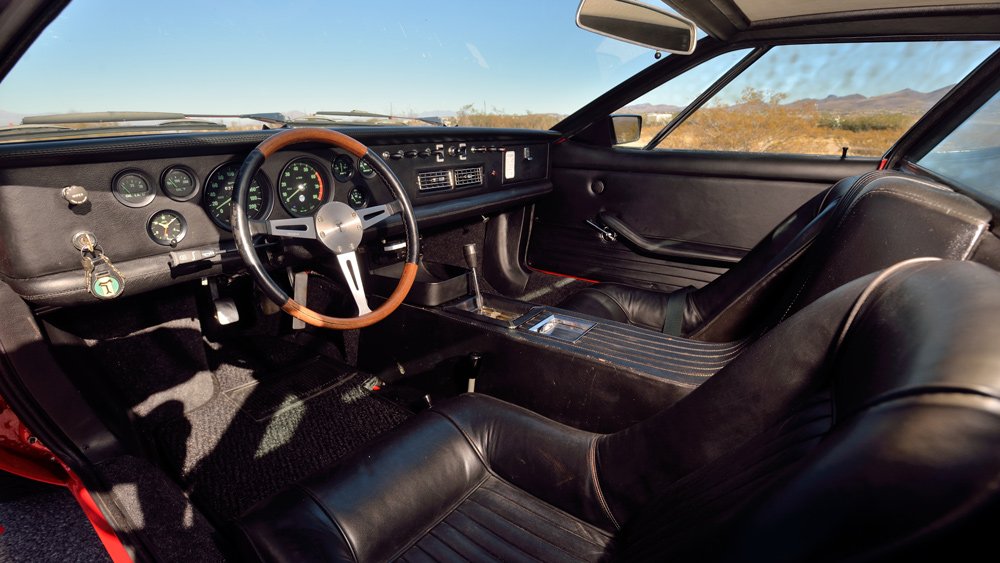 The cockpit of a 1970 De Tomaso Mangusta.
