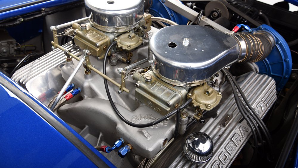 The engine of the 1966 Shelby Cobra 427 Super Snake once owned by Carroll Shelby himself.