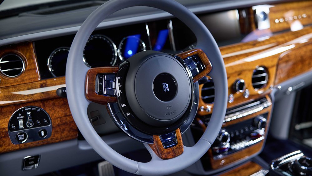 A bespoke Rolls-Royce Phantom with an interior that features Hawaiian Koa wood.