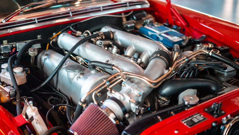 The 6.3-liter V-8 engine inside a replica of the Mercedes 
