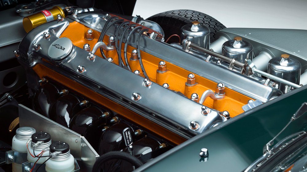 The 3.8-liter inline-six engine inside each car in the Jaguar E-type 60 Collection.