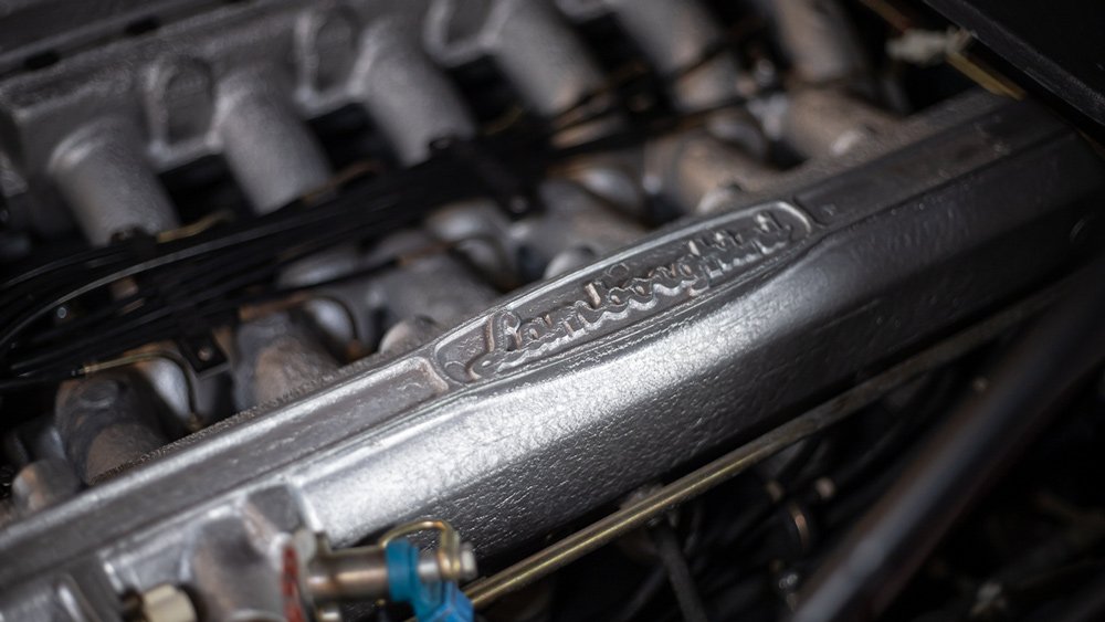 The engine inside a 1989 Lamborghini Countach 25th Anniversary Edition.