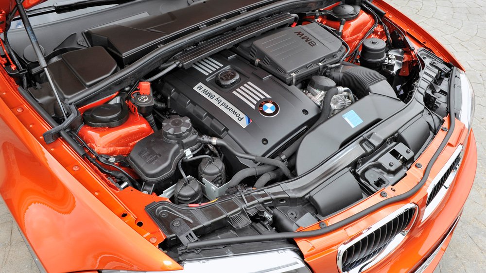 The 335 hp, 3.0-liter inline-six engine inside a 2011 BMW 1 Series M Coupe.