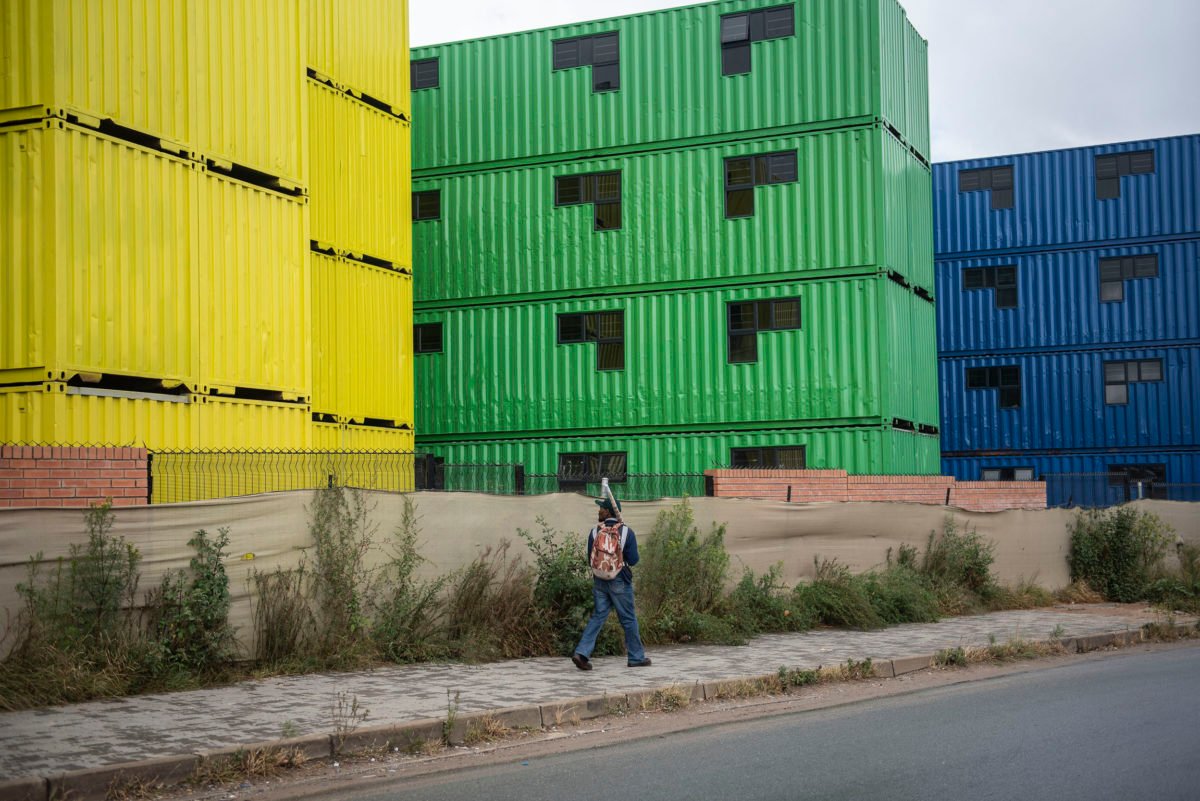 A construction project using shipping containers to create housing is seen in progess in Alexandra, 25 March 2021. The project aims to de-densify parts of the township. The structures will come with fully furnished built-in ablution facilities and sanitary provisions. Picture: Michel Bega
