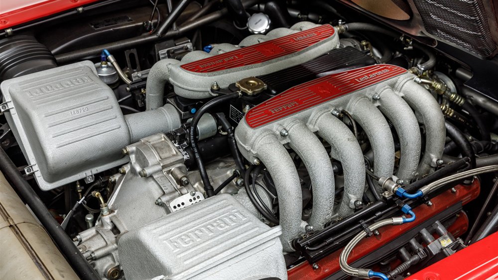 The 4.9-liter, DOHC flat-twelve engine inside a 1993 Ferrari 512 TR.
