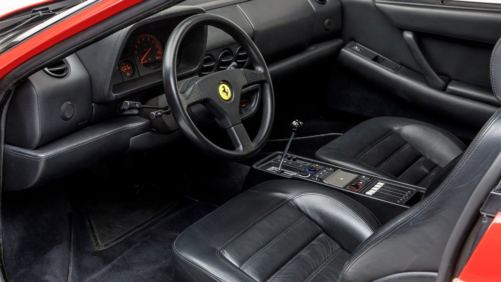 The interior of a 1993 Ferrari 512 TR.