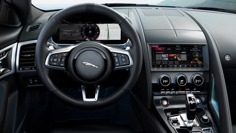 the view behind the wheel of a 2021 Jaguar F-Type R Coupe.
