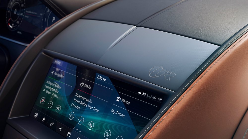 The touchscreen display inside the 2021 Jaguar F-Type R Coupe.