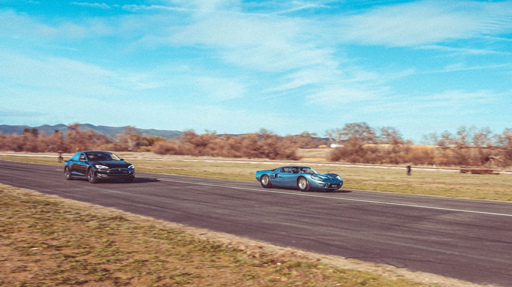 An original Ford GT40 races a Tesla Model S at Central California's Santa Margarita Ranch airstrip.