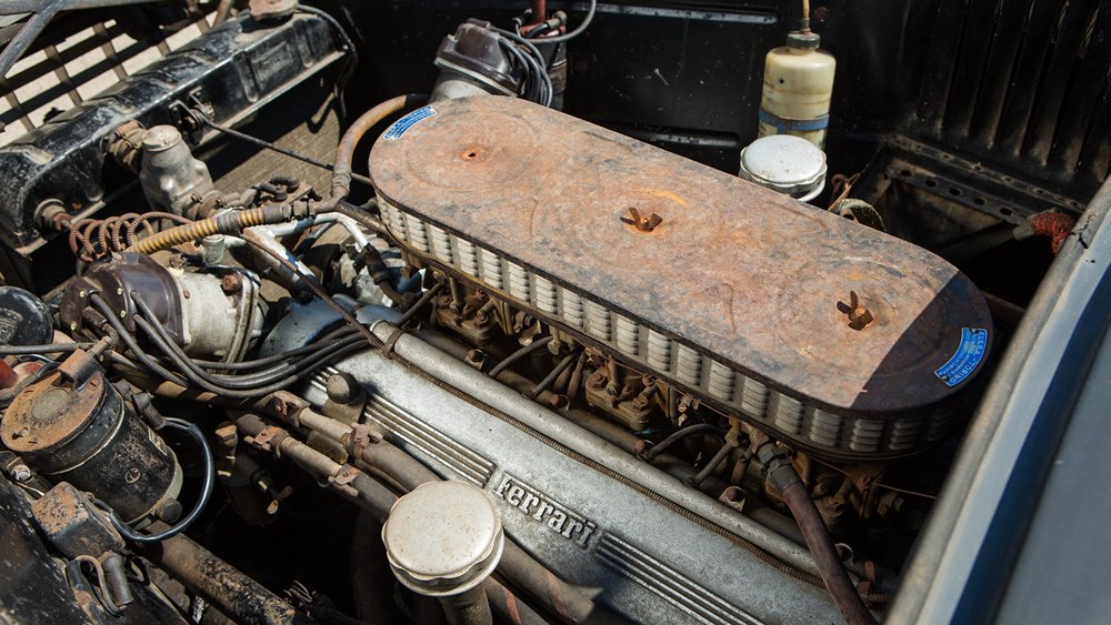 The engine inside an unrestored example of the 1955 Ferrari 250 Europa GT.