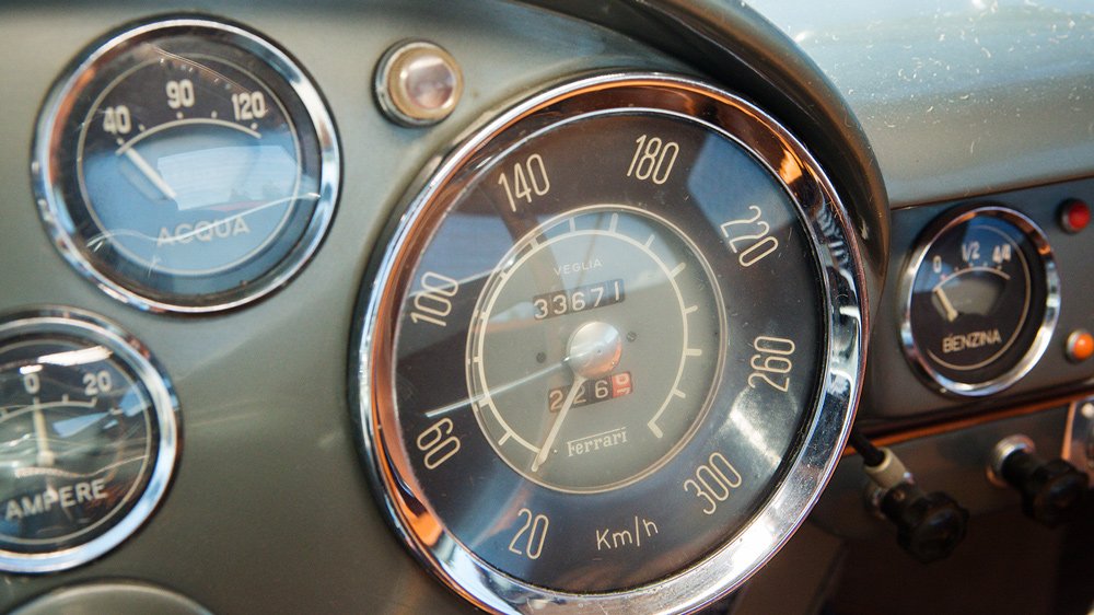 The interior gauges of an unrestored 1955 Ferrari 250 Europa GT.