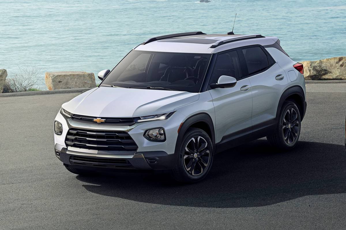 Front angle view of a silver 2021 Chevrolet Trailblazer in front of water