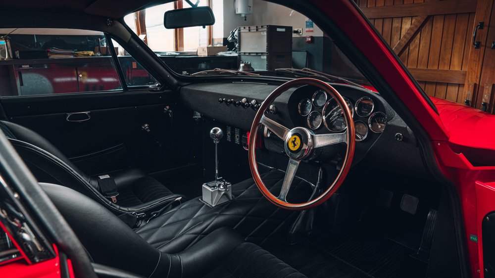 The interior of a Ferrari 330 LMB recreation from Bell Sport & Classic.