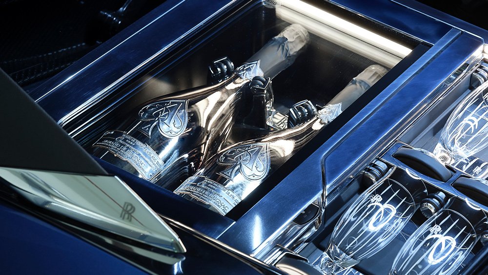 The Rolls-Royce Boat Tail's dual champagne cooler was specifically designed to fit bottles of Armand de Brignac.