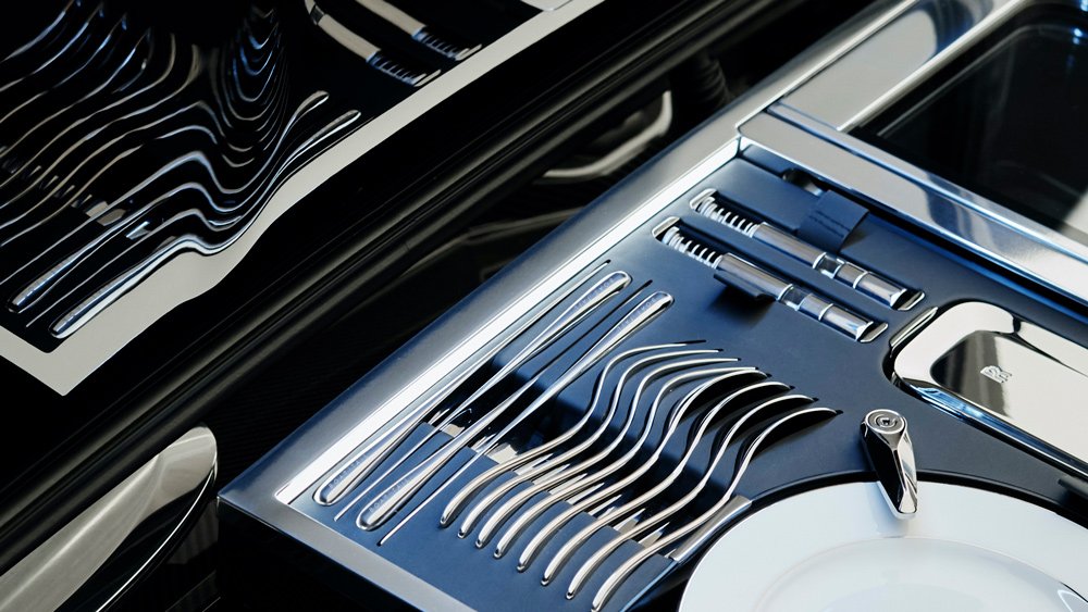 The Rolls-Royce Boat Tail's onboard crockery by Christofle of Paris.