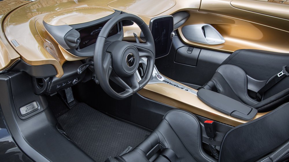 The cockpit of the McLaren Elva supercar.