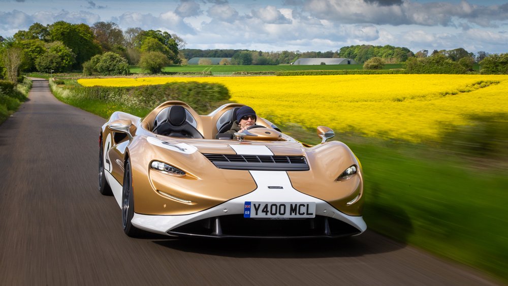 Driving the McLaren Elva supercar in England.
