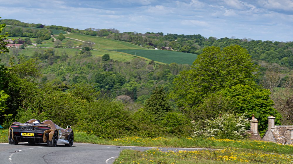 Driving the McLaren Elva supercar in England.