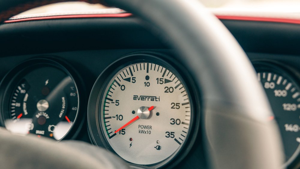 The interior gauges of Everrati's all-electric Porsche 964 restomod.