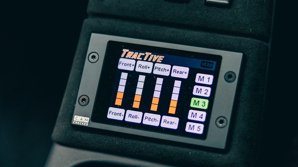 The interior touchscreen that adjusts the Tractive adaptive dampers on Everrati's electric Porsche 964 restomod.