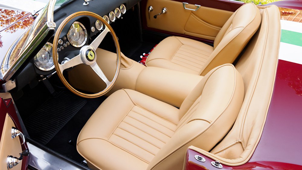 The interior of a 1959 Ferrari 250 GT LWB California Spider Competizione.