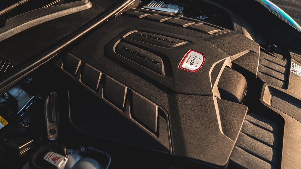 The engine inside the interior of the 2022 Porsche Cayenne Turbo GT.