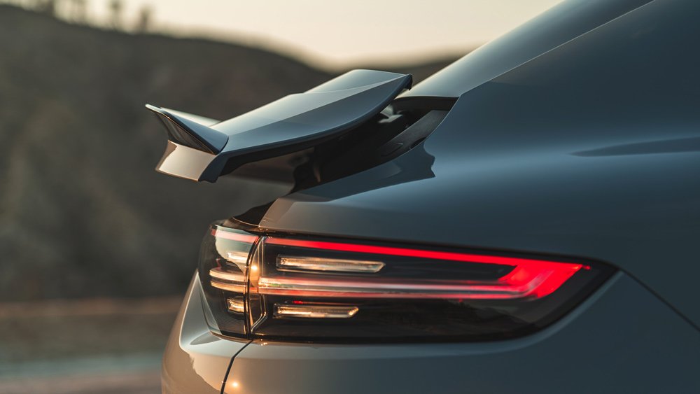 A detail of the rear spoiler on the 2022 Porsche Cayenne Turbo GT.