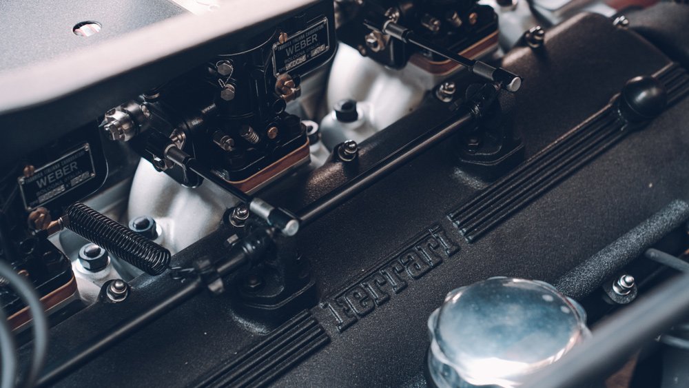 The engine inside GTO Engineering's hand-built Revival, a reimagined classic Ferrari.