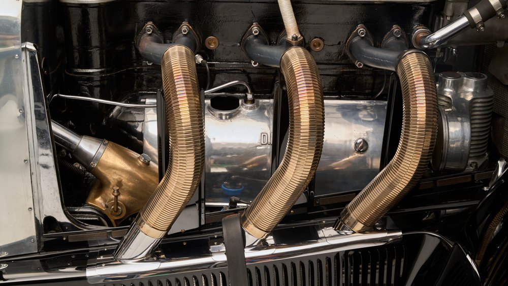 A portion of the engine on a 1928 Mercedes-Benz 26/120/180 S-Type Supercharged Sports Tourer.