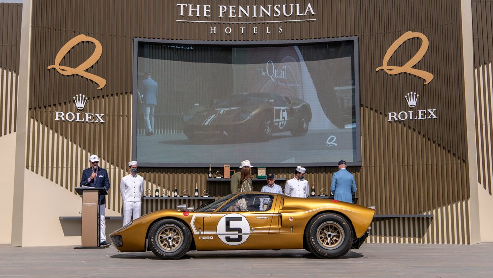 The 1966 Ford GT40 Mark II that won the Post-War Racing Cars class at the Quail, a Motorsports Gathering in 2021.