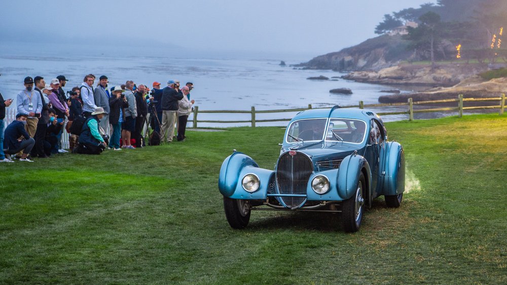 The world-renowned 1936 Bugatti 57SC Atlantic roll into position at the 70th Pebble Beach Concours d'Elegance.